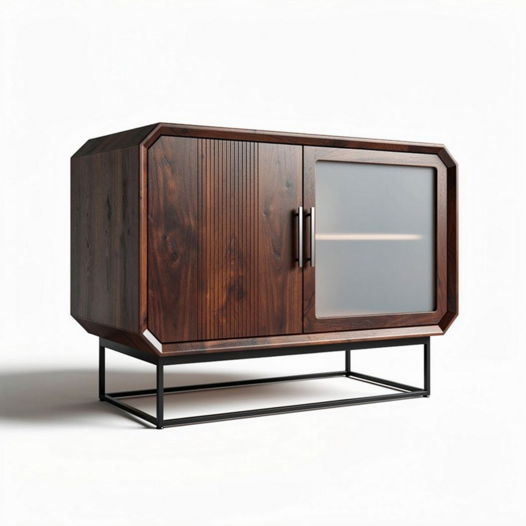 Wooden sideboard cabinet with glass door and metal base 90 x 45 x 50cm