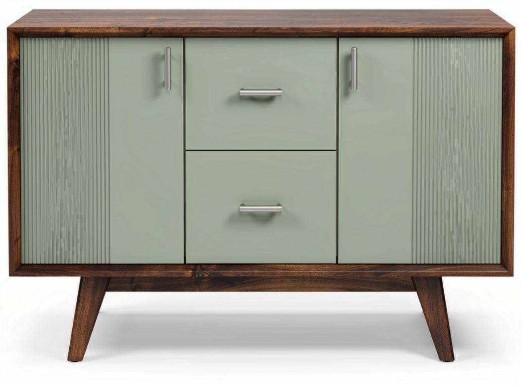 Mid-century modern sideboard in green and walnut wood 90 x 40 x 75cm