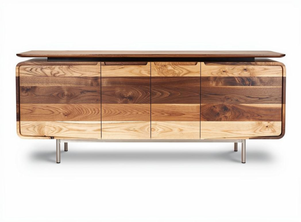 Natural wood sideboard with three cabinets and metal legs 120 x 40 x 80cm