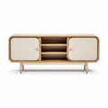 Wooden media console with two doors and open shelf in oak finish 120 x 45 x 50cm
