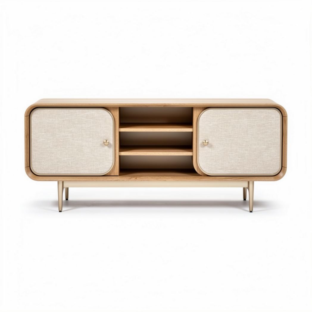 Wooden media console with two doors and open shelf in oak finish 120 x 45 x 50cm