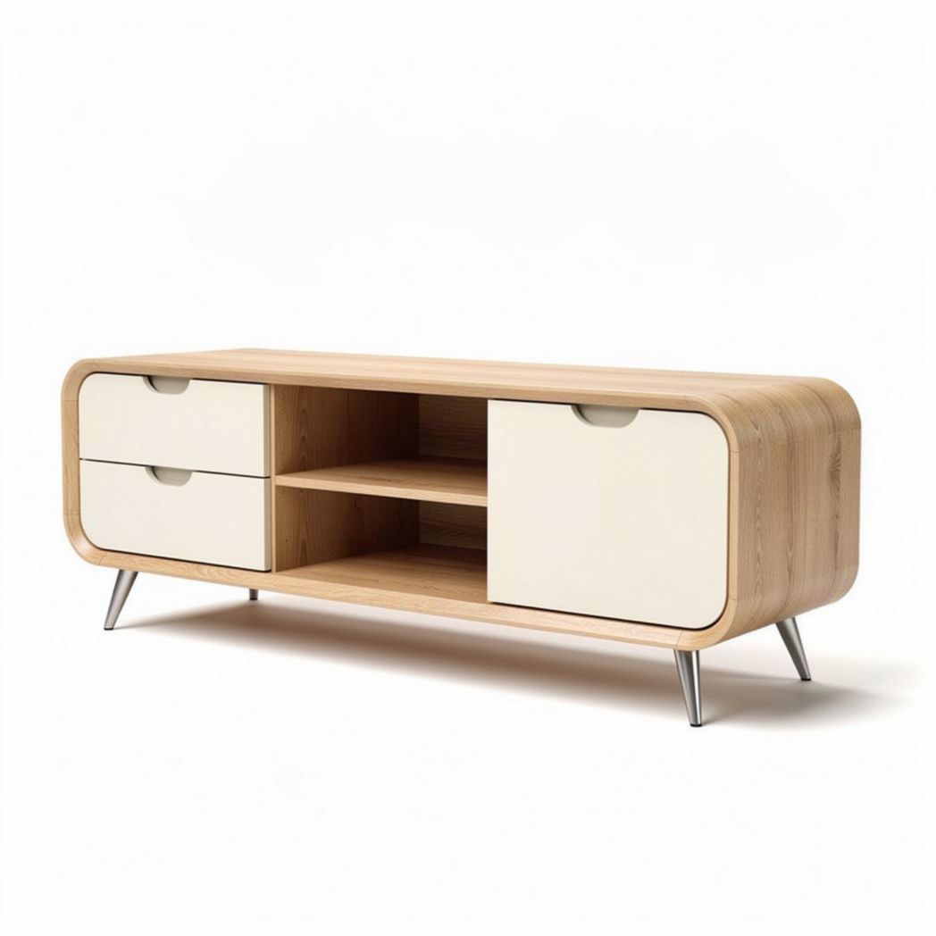 Natural wood media console with two drawers and two open shelves 150 x 40 x 50cm