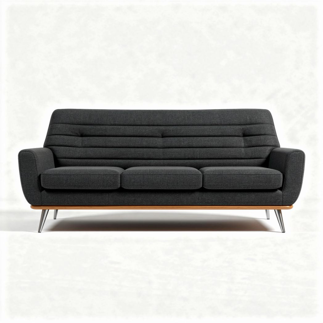 Vintage black leather three-seater sofa with wooden legs 200 x 85 x 75cm