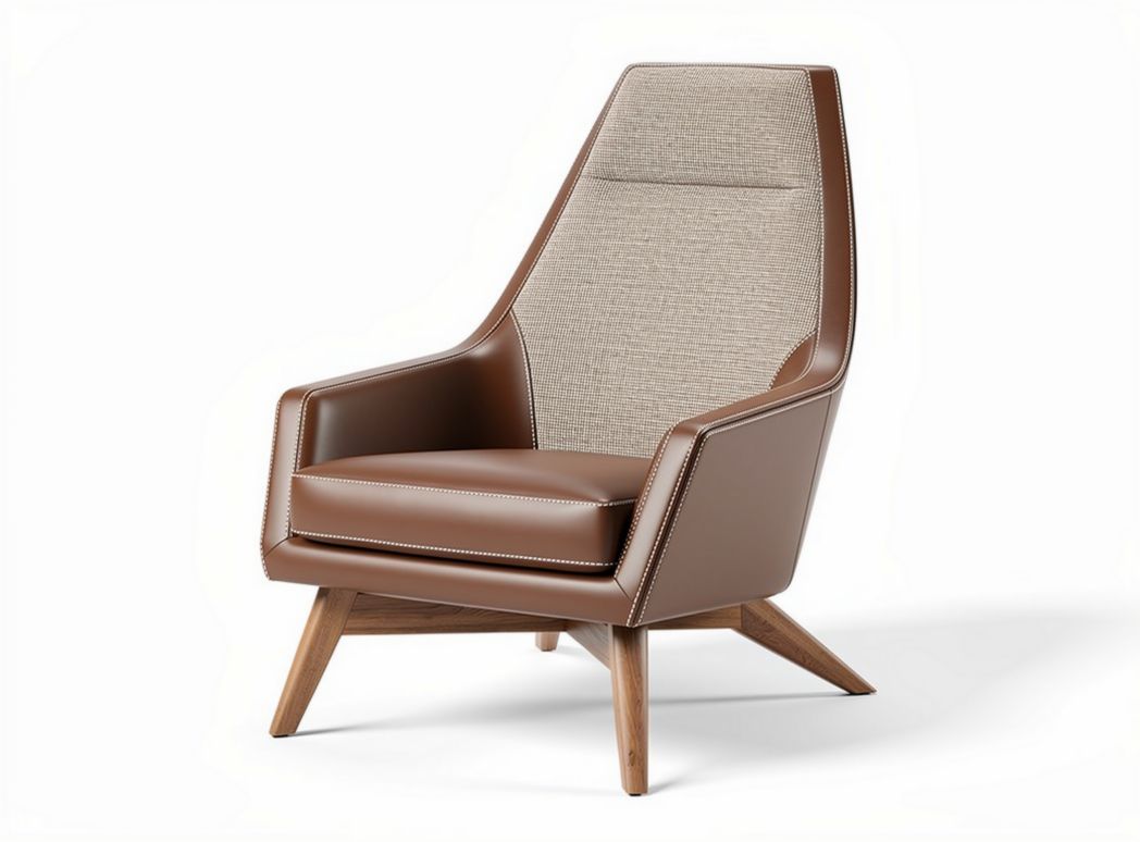 Brown leather and fabric lounge chair with wooden legs 70 x 70 x 100cm