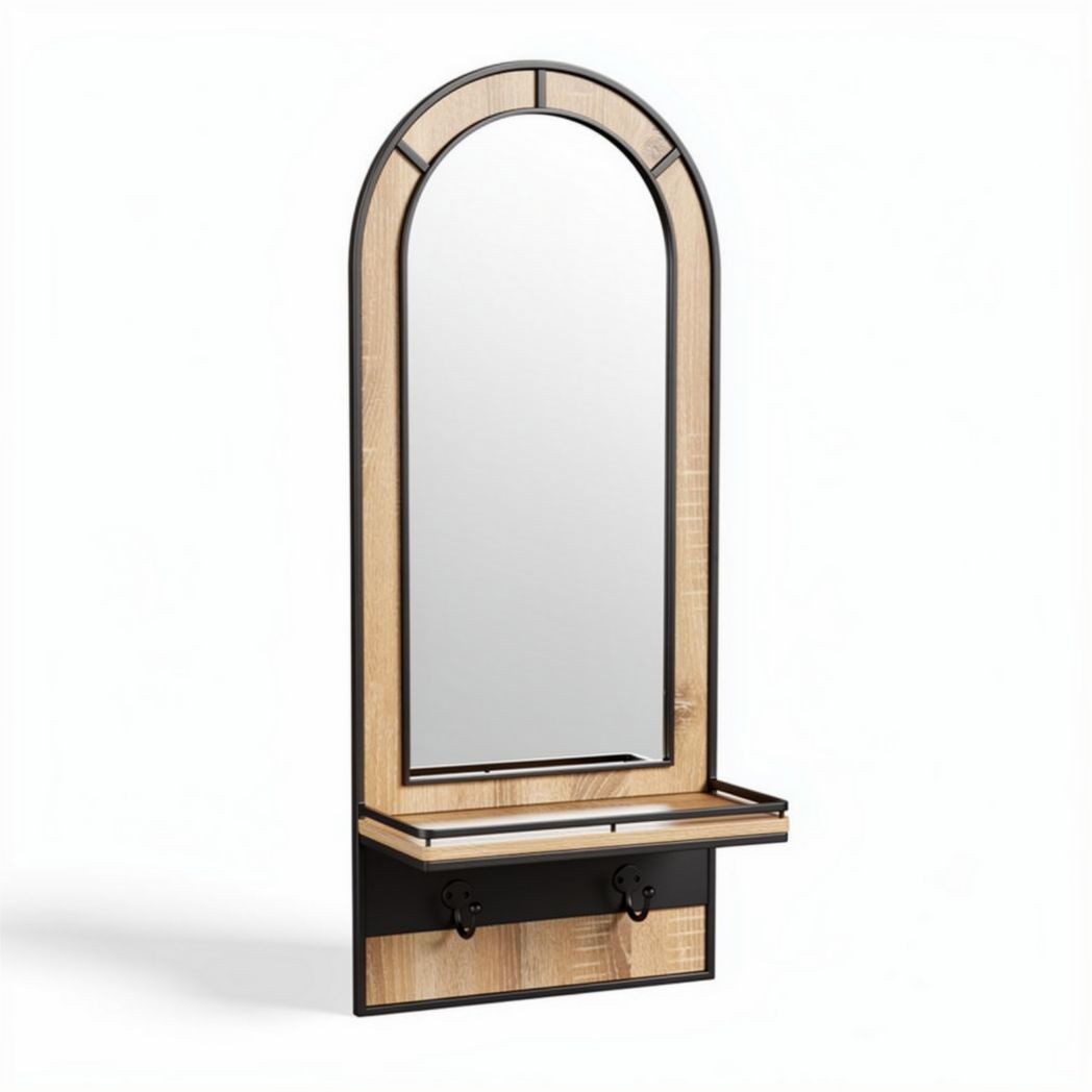 Wood and metal wall-mounted mirror with shelf and hooks 150 x 50 x 10cm