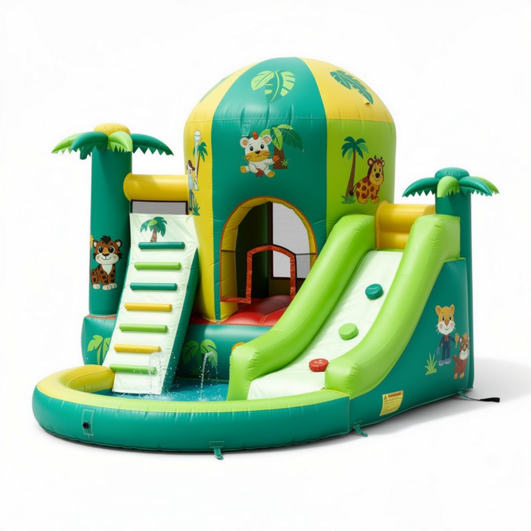 Inflatable bounce house with slide and water feature for outdoor play
