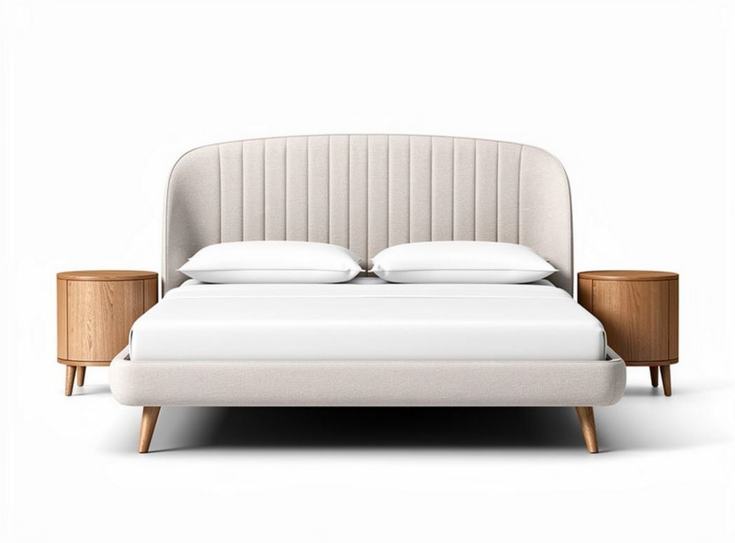 Upholstered bed frame with wooden nightstands in beige color 200 x 160 x 100cm