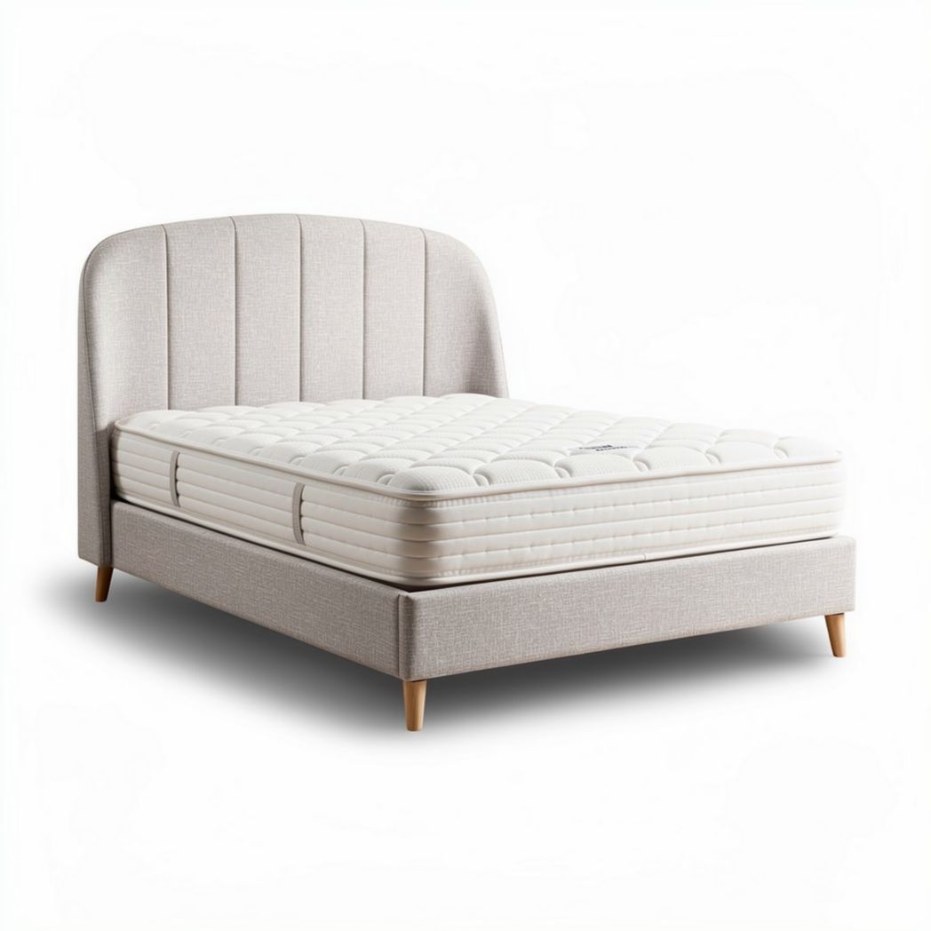 Upholstered bed frame with mattress and wooden legs in light gray 200 x 160 x 100cm
