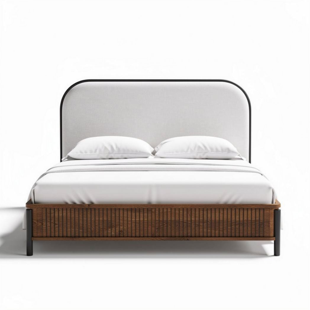 Wooden platform bed frame with upholstered headboard and linen fabric in natural finish 200 x 160 x 100cm